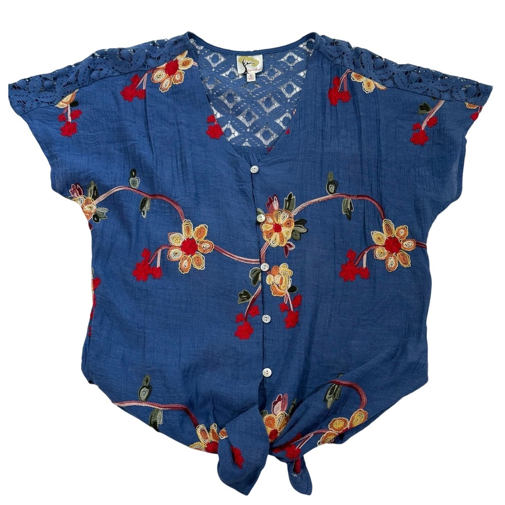 Fig and Flower Blue Embroidered Floral Lace Button Front Tie Top Small W66